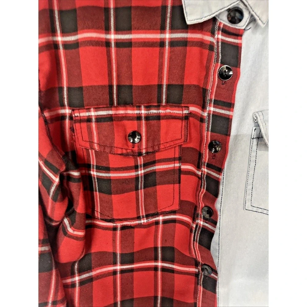 Half Plaid Half Denim Womens 100% Cotton XL Tie Front Grunge Festival Shacket